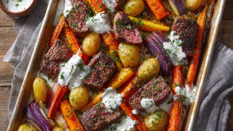 Sheetpan Sirloin with Yogurt and Chili Crisp on a tray