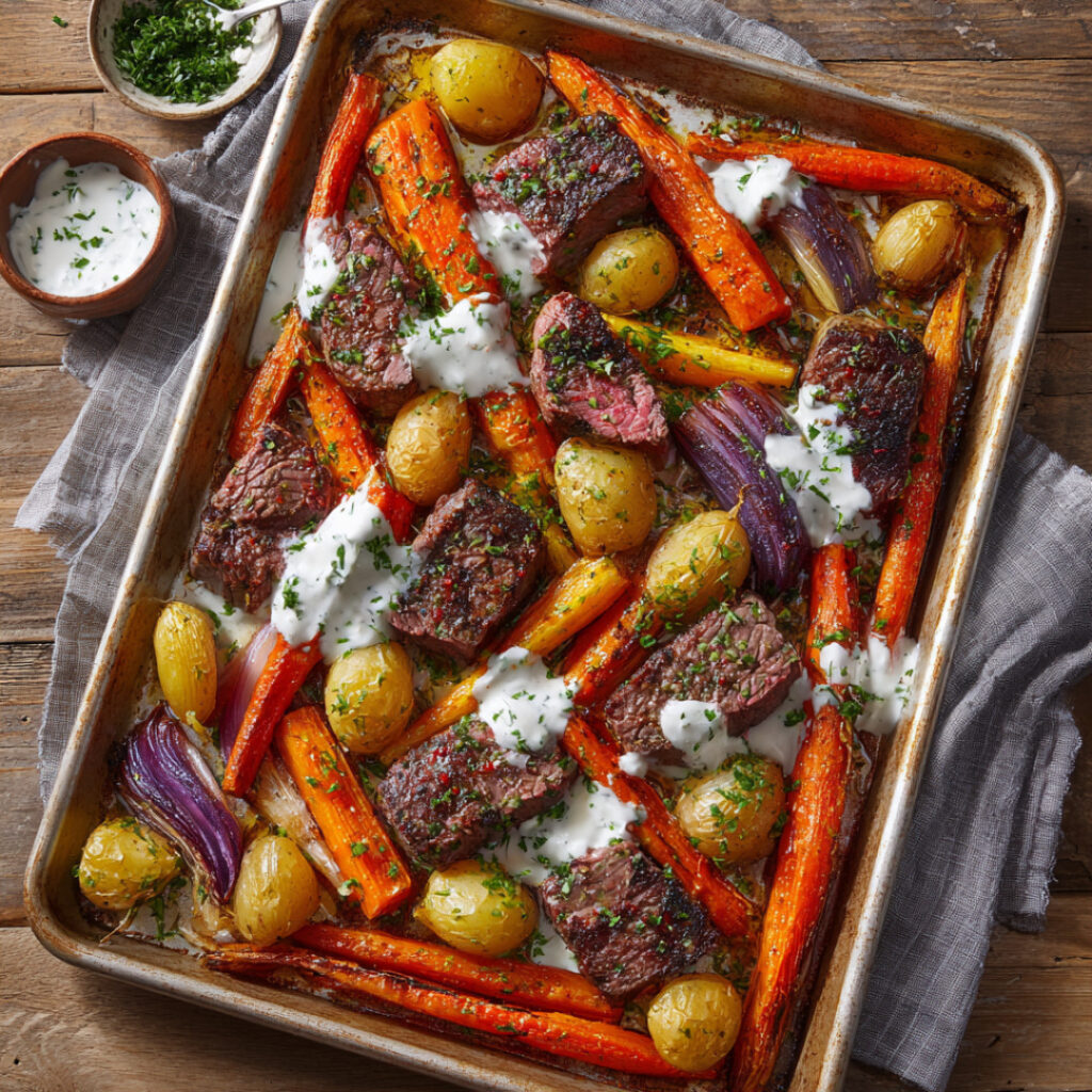 Sheetpan Sirloin with Yogurt and Chili Crisp on a tray