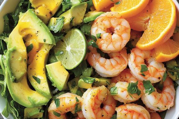 Shrimp, Avocado and Citrus Salad in a bowl