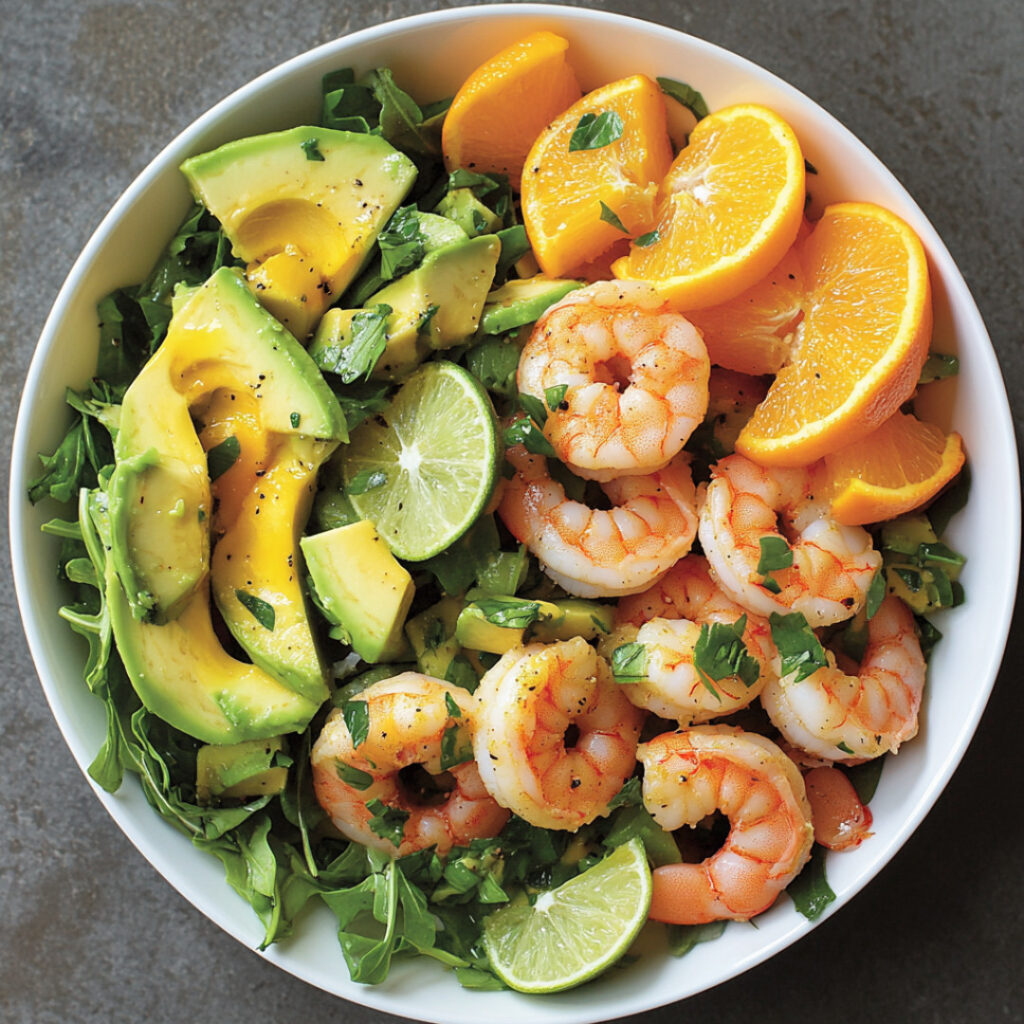 Shrimp, Avocado and Citrus Salad in a bowl