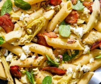 Artichoke and Bacon Pasta with Herbs, Feta and Pistachios