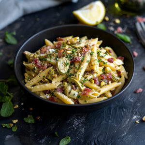 Artichoke and Bacon Pasta with Herbs in a bowl