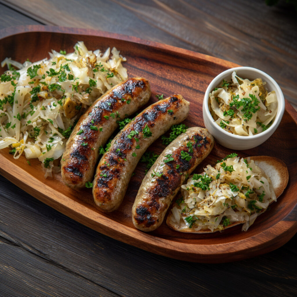 Grilled Italian Chicken Sausages with Herby Spring Sauerkraut on a wooden plate