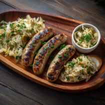 Grilled Italian Chicken Sausages with Herby Spring Sauerkraut on a wooden plate