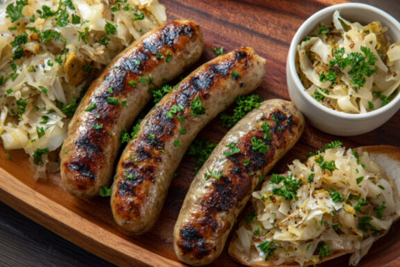Grilled Italian Chicken Sausages with Herby Spring Sauerkraut on a wooden plate