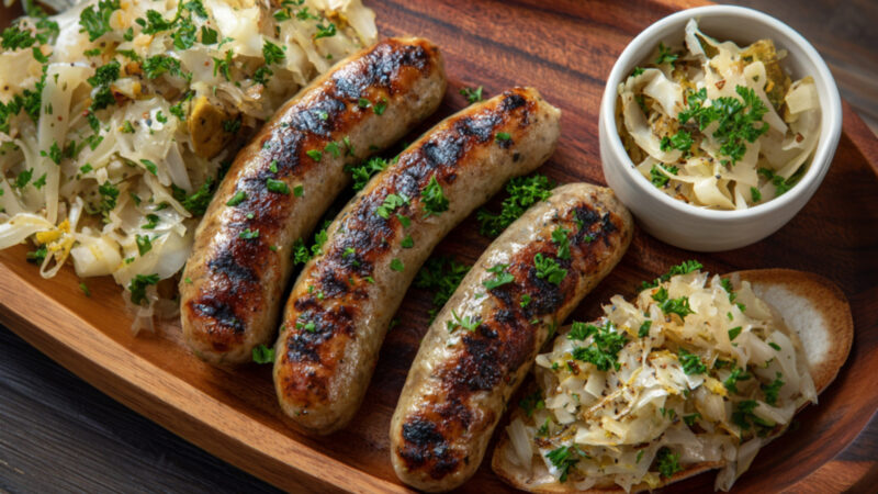 Grilled Italian Chicken Sausages with Herby Spring Sauerkraut on a wooden plate