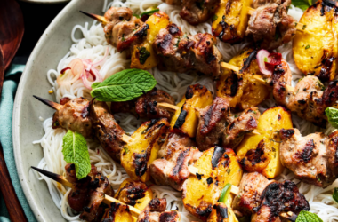 Grilled pork and stone fruit skewers