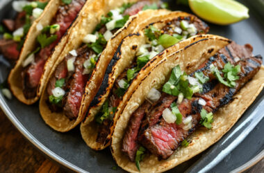 Carne Asada Flank Steak Tacos With Grilled Scallions on a plate