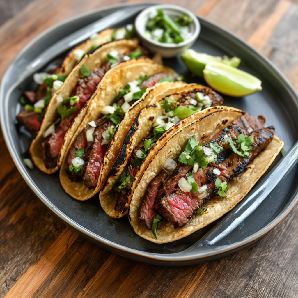 Carne Asada Flank Steak Tacos With Grilled Scallions on a plate