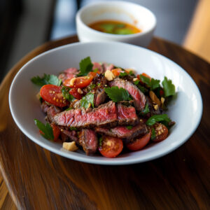 Northeastern Thai (Isaan) Flank Steak Salad in a bowl