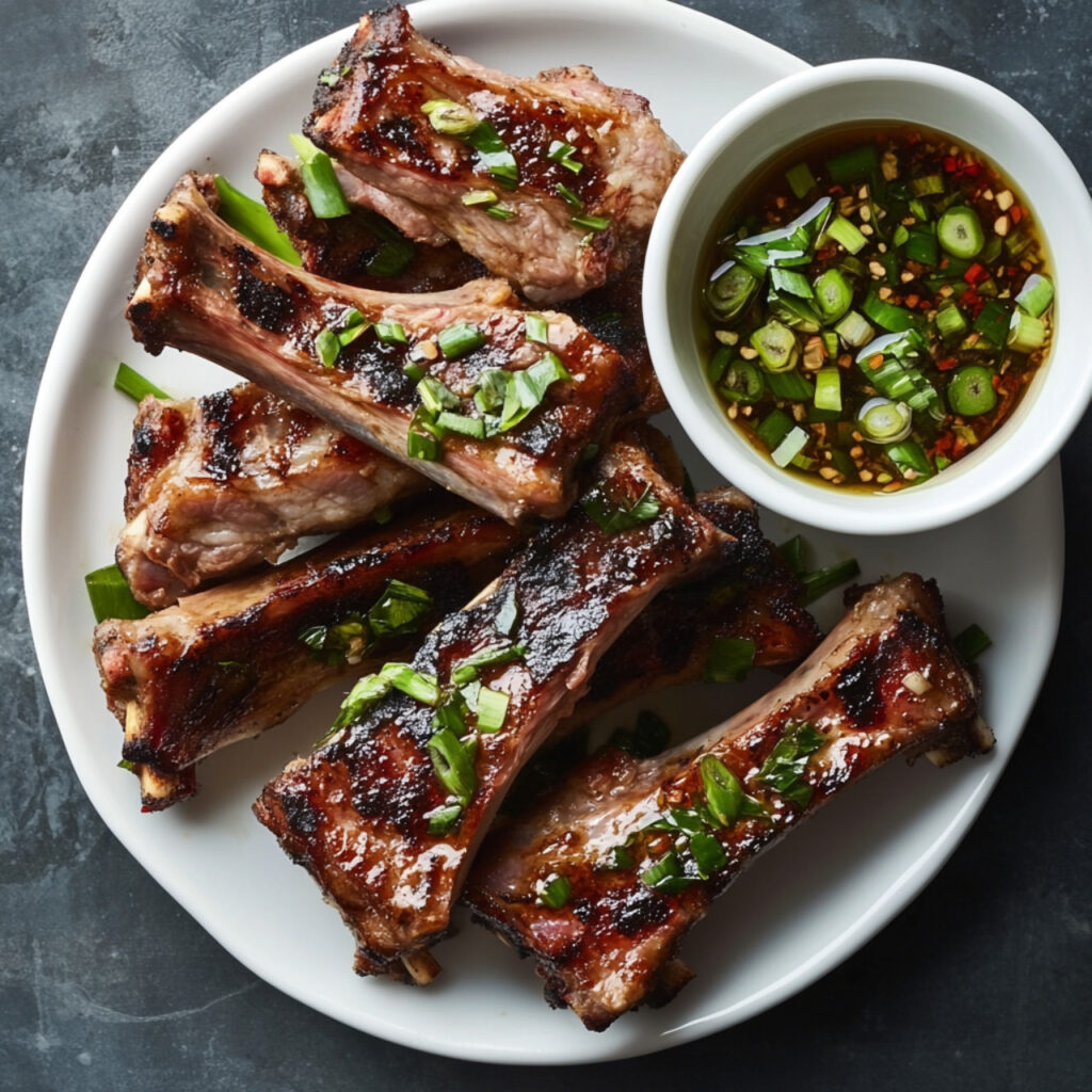 Pork Ribs with Charred Scallion Sauce on a plate