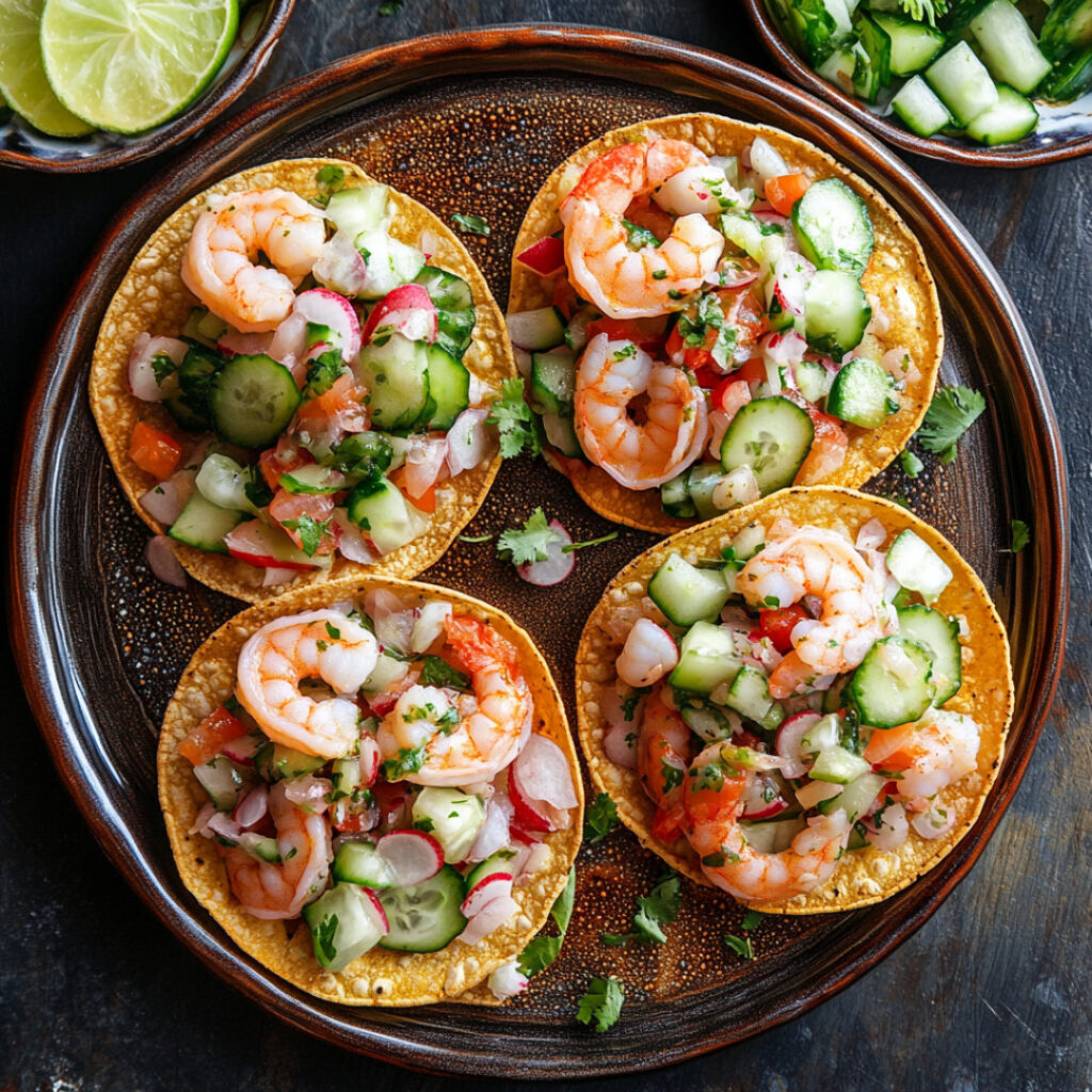 Shrimp and Cucumber Ceviche on Tostadas on a plate