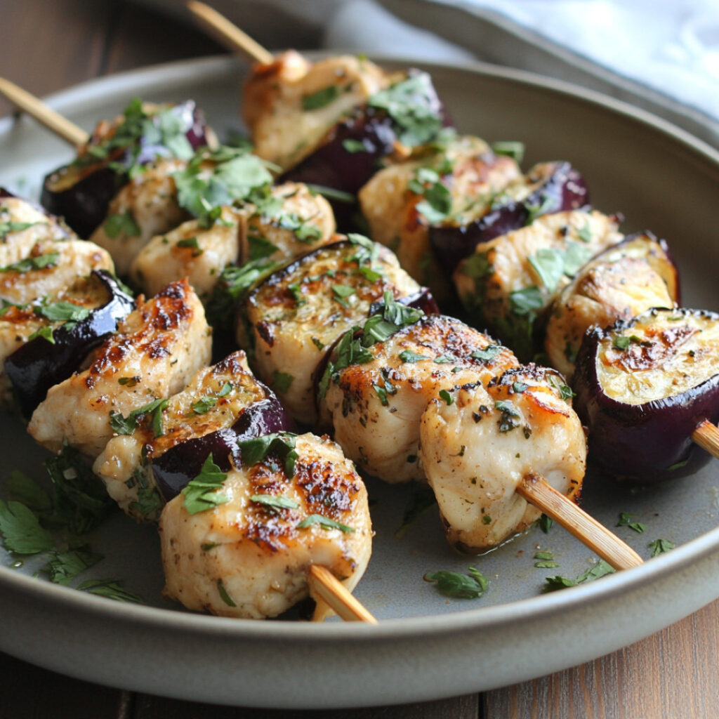 Chicken and Eggplant Skewers on a plate
