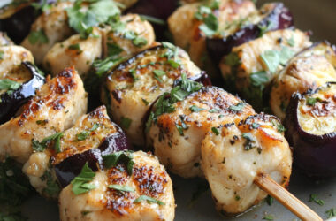 Chicken and Eggplant Skewers on a plate
