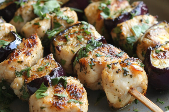 Chicken and Eggplant Skewers on a plate