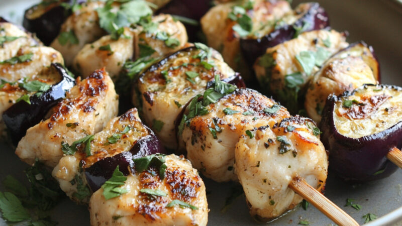 Chicken and Eggplant Skewers on a plate