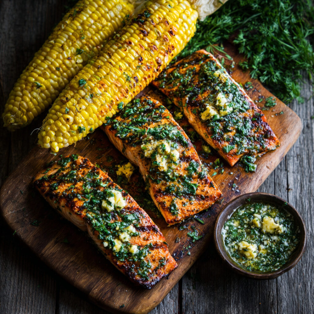 Grilled Salmon and Corn with Herb-Miso Butter on a wooden plate