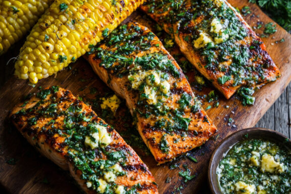 Grilled Salmon and Corn with Herb-Miso Butter on a wooden plate
