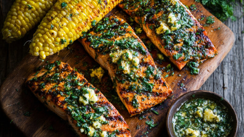 Grilled Salmon and Corn with Herb-Miso Butter on a wooden plate