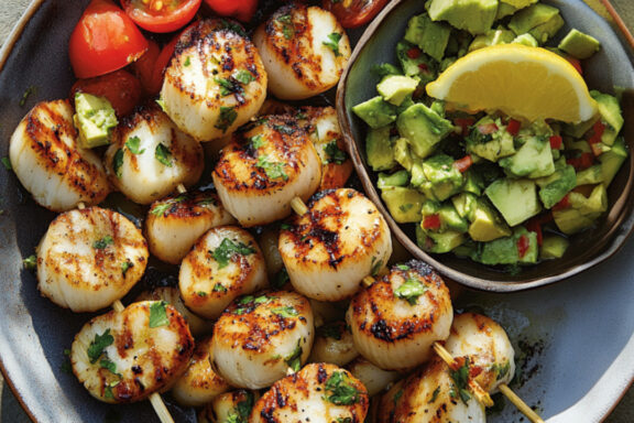 Grilled Scallops with Avocado Salsa on a plate