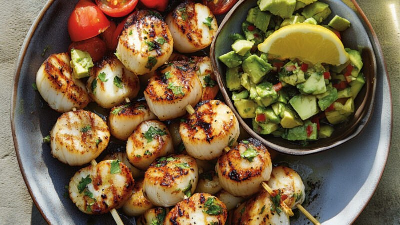 Grilled Scallops with Avocado Salsa on a plate