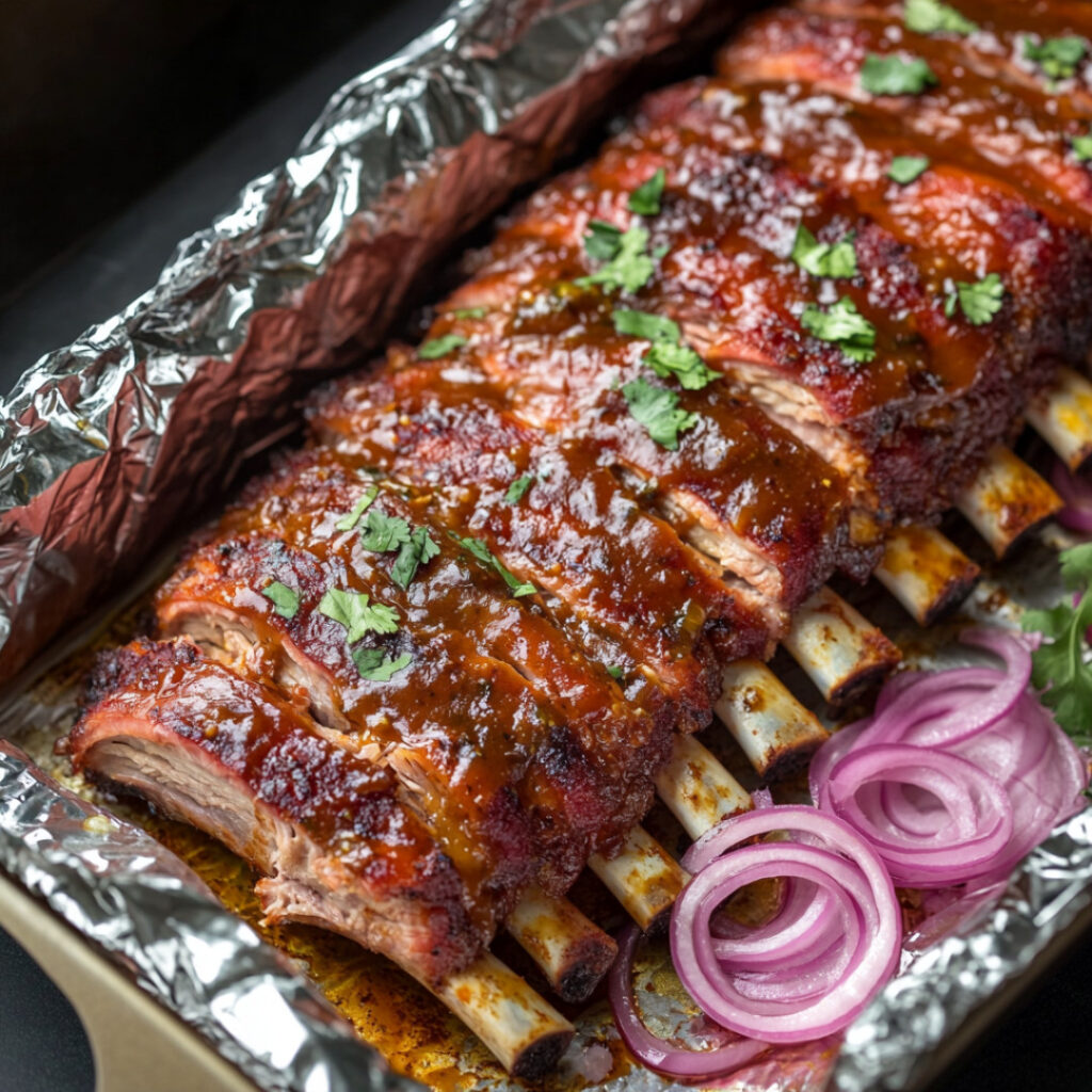 No-Grill Guajillo Pork Ribs in a foiled tray