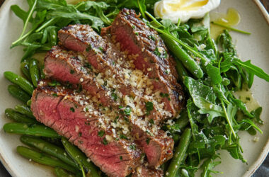 Seared Ranch Steak and Green Bean Salad with Parmesan on a plate