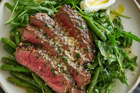 Seared Ranch Steak and Green Bean Salad with Parmesan on a plate