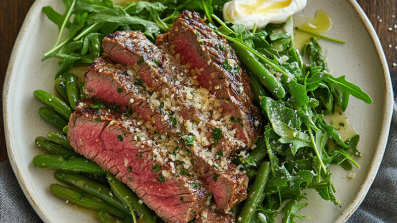 Seared Ranch Steak and Green Bean Salad with Parmesan on a plate