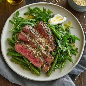 Seared Ranch Steak and Green Bean Salad with Parmesan on a plate