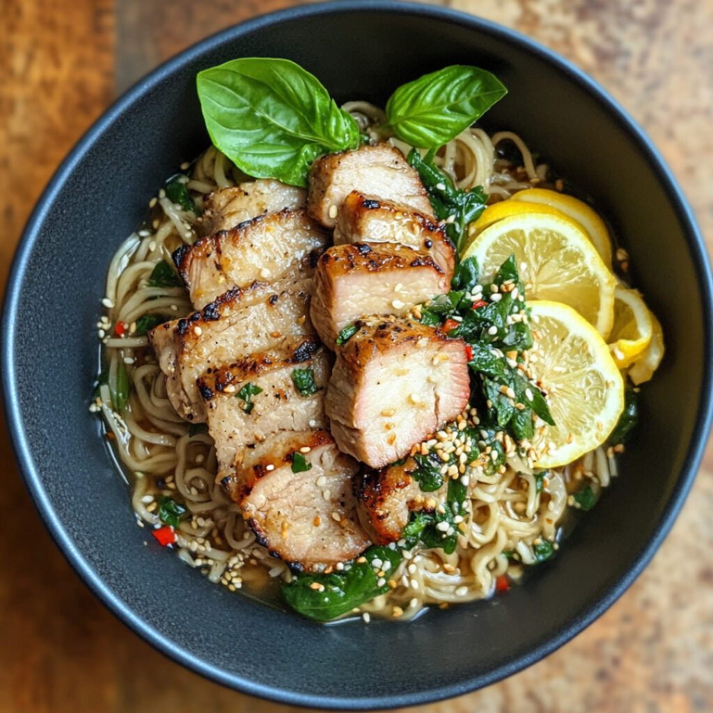 Sesame Pork Loin Noodle Bowls with Basil and Lemon in a bowl