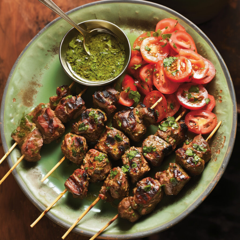Hariyali Lamb Tikka with Tomato Salad on a plate