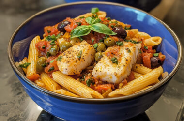 Spicy Cod Puttanesca Pasta in a bowl