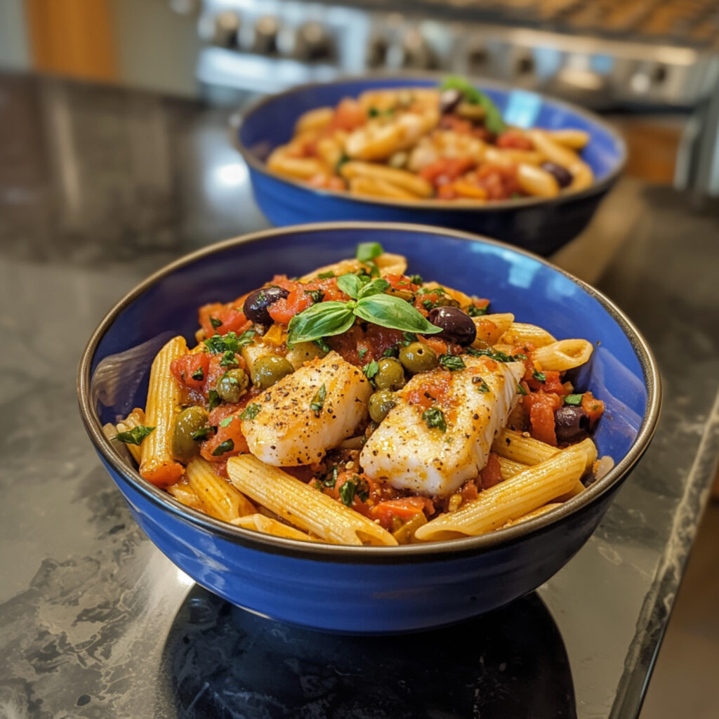 Spicy Cod Puttanesca Pasta in a bowl