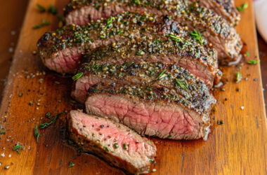 Herb-Garlic Strip Loin Steaks on a chopping board