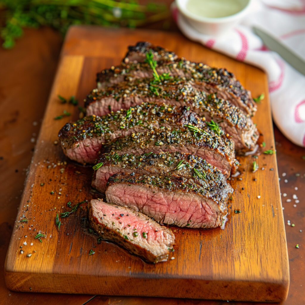 Herb-Garlic Strip Loin Steaks on a chopping board