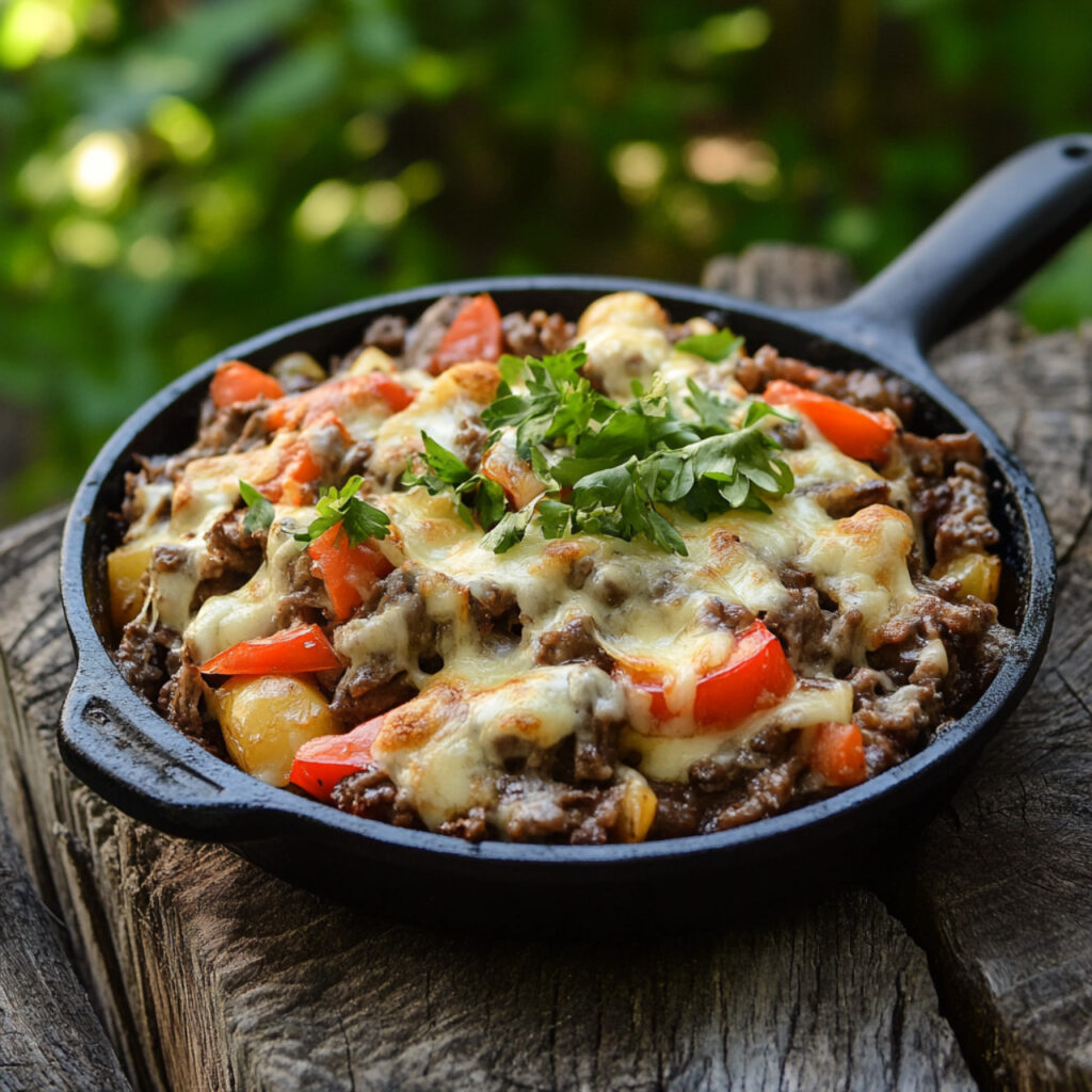 Philly Cheesesteak Skillet in a cooking pan