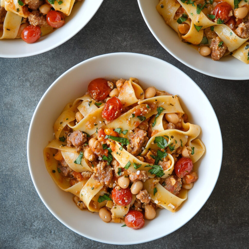 Spicy Pasta with Sausage, Beans and Cherry Tomatoes in a bowl
