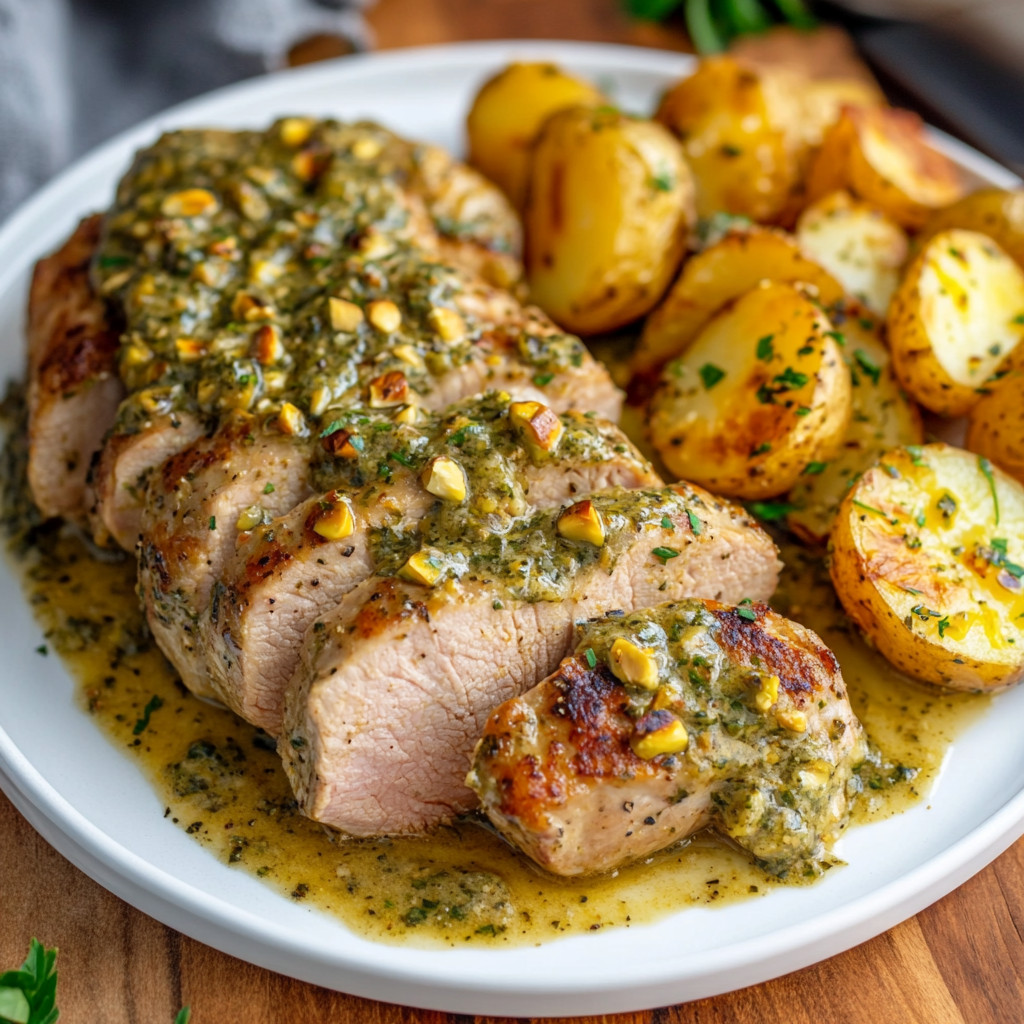 Pork Tenderloin and Potatoes with Citrus-Pistachio Sauce on a plate