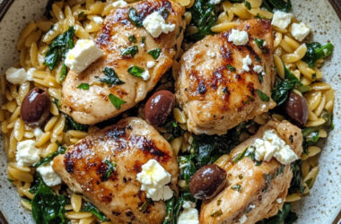 Orzo with Chicken Thighs, Spinach, Feta and Olives on a bowl