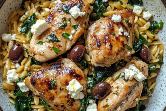 Orzo with Chicken Thighs, Spinach, Feta and Olives on a bowl