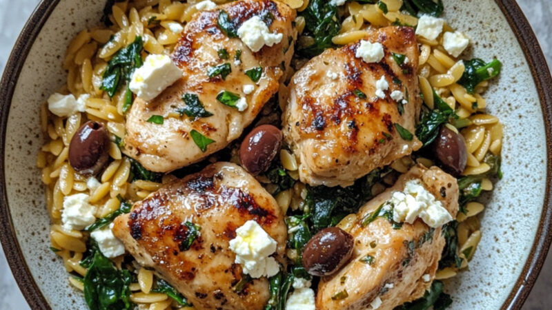 Orzo with Chicken Thighs, Spinach, Feta and Olives on a bowl