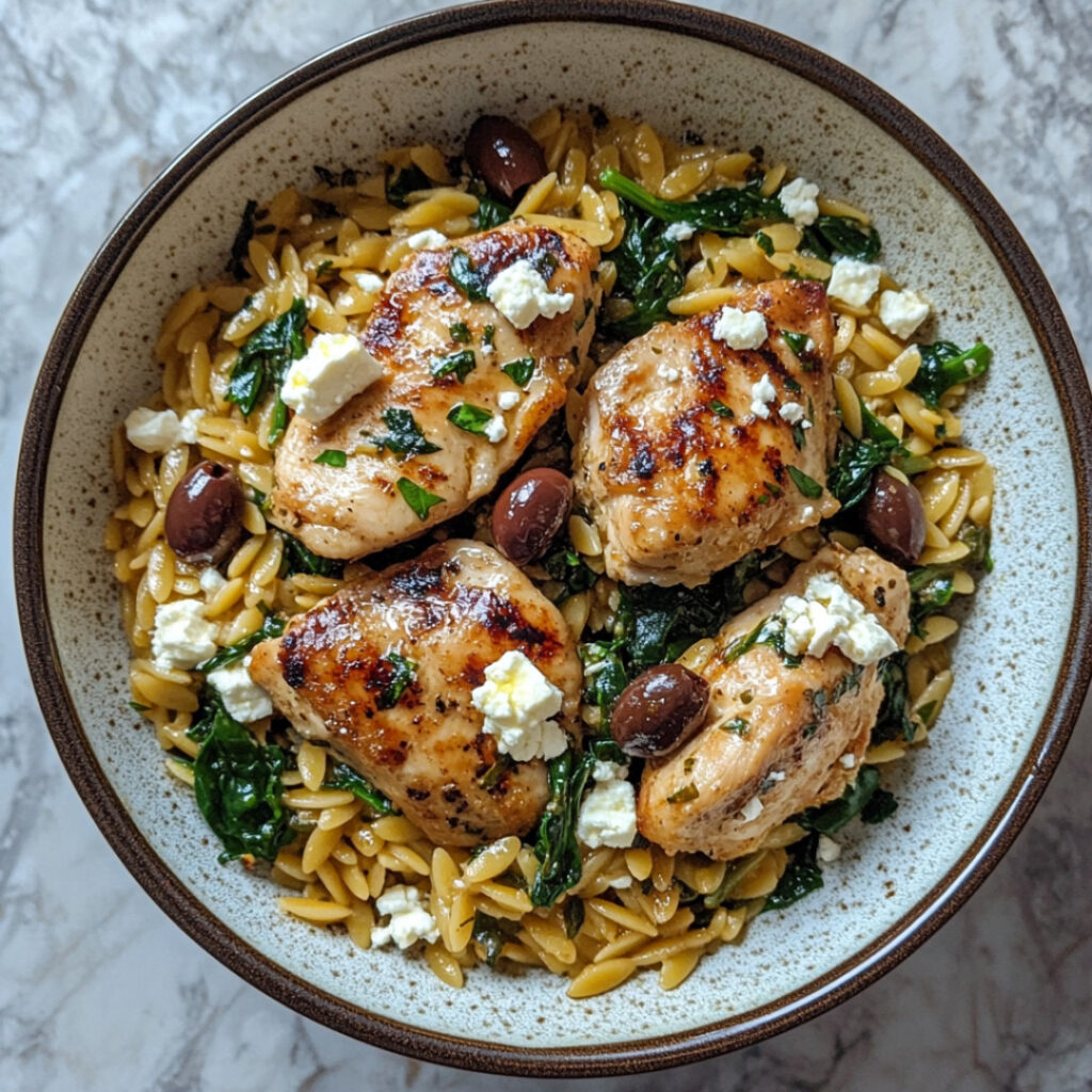 Orzo with Chicken Thighs, Spinach, Feta and Olives on a bowl