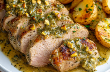 Pork Tenderloin and Potatoes with Citrus-Pistachio Sauce on a plate