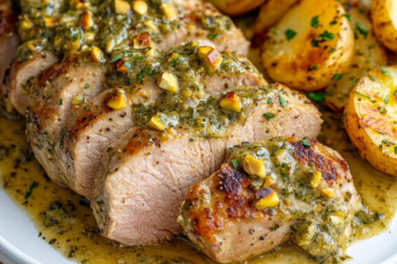 Pork Tenderloin and Potatoes with Citrus-Pistachio Sauce on a plate