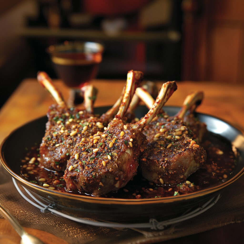 Red Chile Piñon Crusted Lamb Chops on a plate