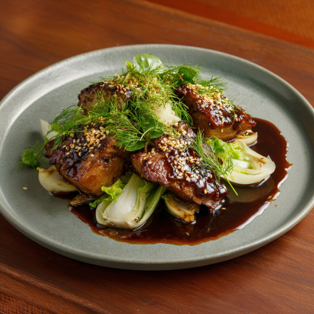 Sautéed Pork Shoulder with Honey, Sesame and Fennel on a plate