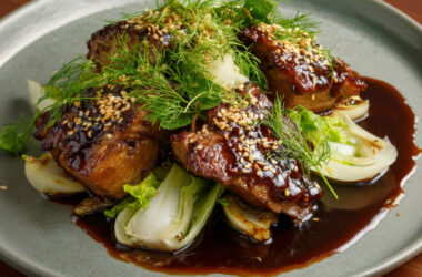Sautéed Pork Shoulder with Honey, Sesame and Fennel on a plate