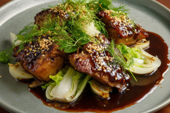 Sautéed Pork Shoulder with Honey, Sesame and Fennel on a plate