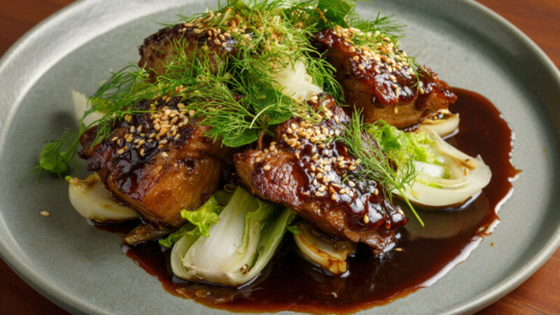 Sautéed Pork Shoulder with Honey, Sesame and Fennel on a plate